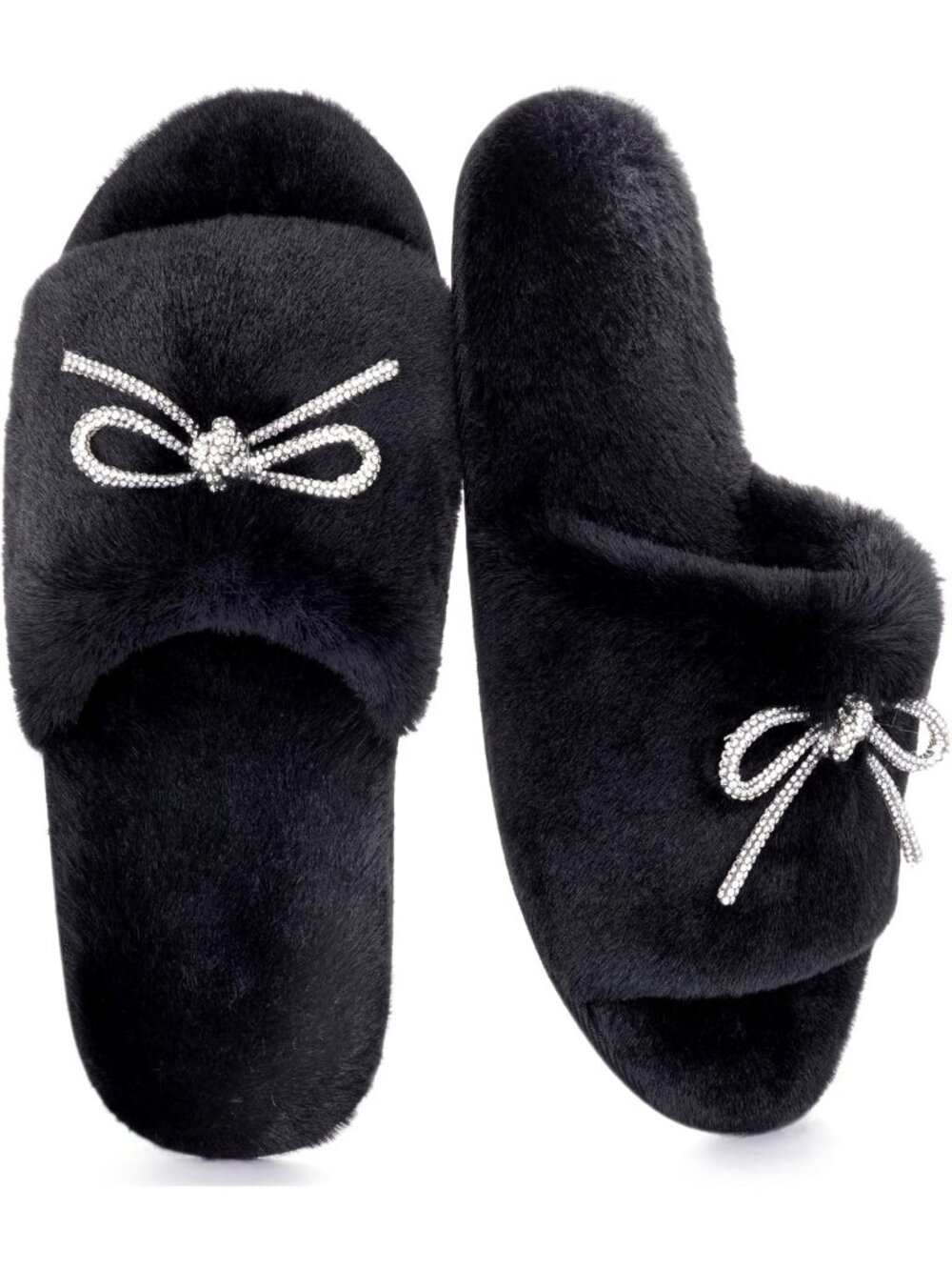 Women's Black Fancy Fuzzy with Rhinestone Bowknot Comfy Fluffy Open Toe Slippers